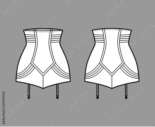 Panty girdle Vintage Look High Waist lingerie technical fashion illustration with attached garters. Flat template front, back white color style. Women men unisex underwear CAD mockup