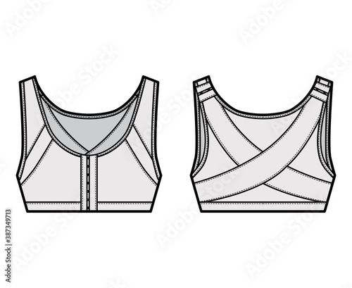 Bra posture lingerie technical fashion illustration with wide adjustable shoulder straps, hook-and-eye closure. Flat brassiere template front, back color style. Women men unisex underwear CAD mockup