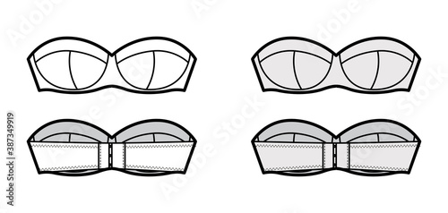 Bra strapless balconette lingerie technical fashion illustration with molded cups, hook-and-eye closure. Flat brassiere template front, back white color style. Women men unisex underwear CAD mockup