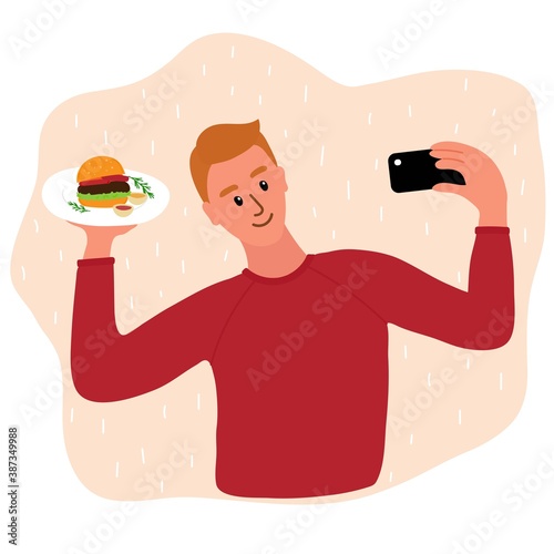 Caucasian man food blogger making photo selfie with with hamburger and mustard and ketchup sauces and rosemary for blog. Cute boy with smartphone camera. Social media Vector cartoon illustration.