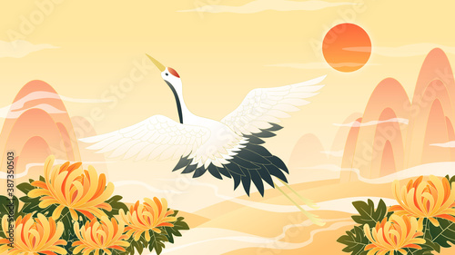 China chic illustration of  double ninth festival , red-crowned flying to the sky from the high moutain.