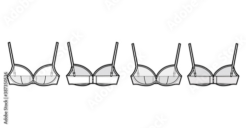 Sheer Bra lingerie technical fashion illustration with adjustable shoulder straps, hook-and-eye closure. Flat brassiere template front, back white color style. Women men unisex underwear CAD mockup