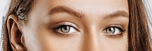 View of a beautiful young brunette girl. Green female eyes with natural makeup. The woman looks into the camera.