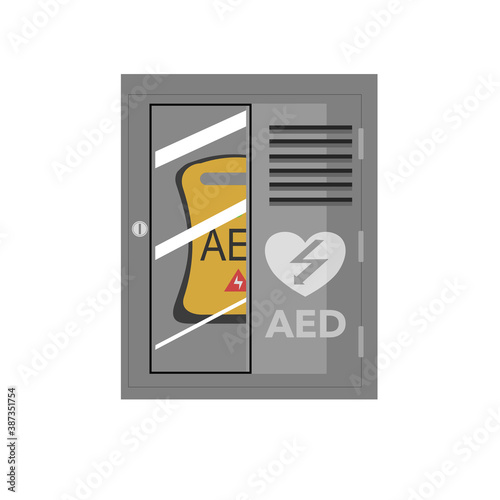 The  automatic external defibrillator or AED inside a aluminum box. 