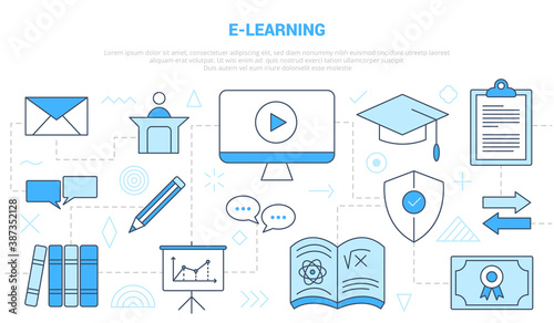 e-learning online education concept with icon line style set template banner with modern blue color