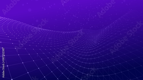 Particle placement with hanging dots in space. Wave of particles. Wave with connecting dots and lines. Space abstract. Landscape background . Abstract gradient dynamic wave of particles. 3d rendering. © Maksym