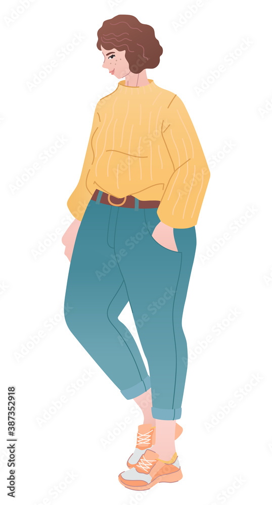 Curvy woman in modern outfit. Fashionista in cozy sweater, mom jeans and ugly sneakers - full body portraits. Young girl in fall look 2020. Fashion sketch of stylish female outfit
