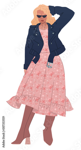 Cool fashionista in biker jacket, boots cossacks and tea dress. Fashion woman in modern outfit. Elegant fashion outfit. Fashion sketch of stylish female outfit