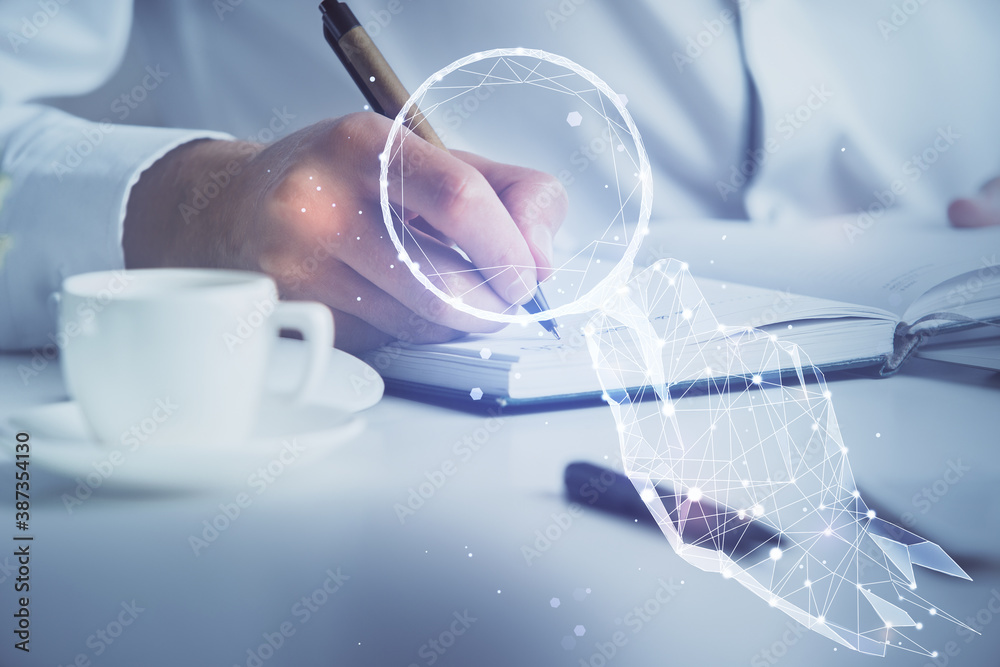 Creative start up concept hologram multi exposure with human hand background.