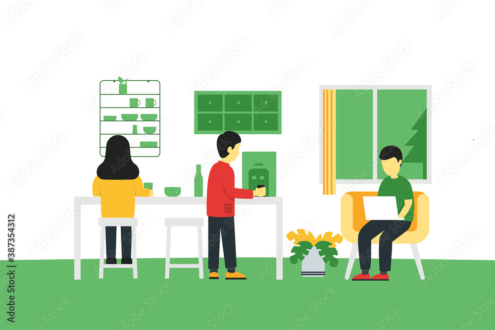 Man and woman having business meeting, working, launch in office, startup office situation illustration. Open space office concept. Flat Design Illustration. Man and woman having business meeting, working, launch in office, startup office situation illustration. Open space office concept. Flat Design Illustration.