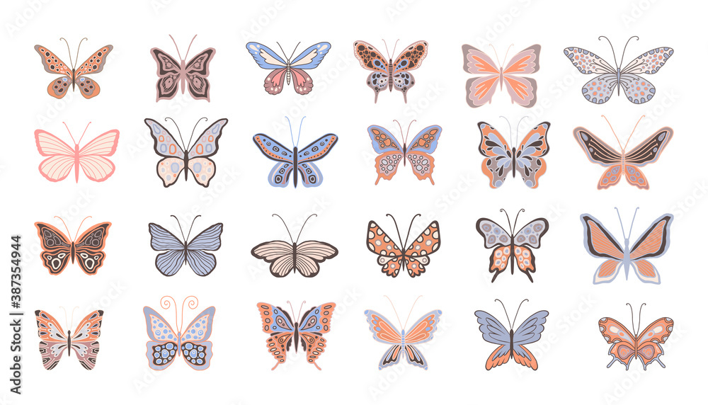 Fototapeta premium Big collection of vector design elements of insects. A set of beautiful butterflies for printing on dishes, prints, kitchen utensils, stickers on the wall, window, laptop. Cute butterflies isolated