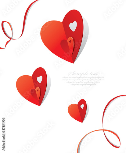 Abstract white background with paper red hearts and ribbons. Valentine's Day card with copy space for your text. 