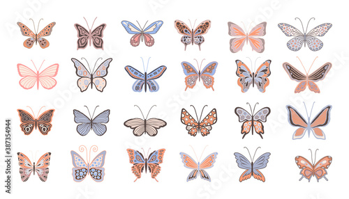 Big collection of vector design elements of insects. A set of beautiful butterflies for printing on dishes, prints, kitchen utensils, stickers on the wall, window, laptop. Cute butterflies isolated