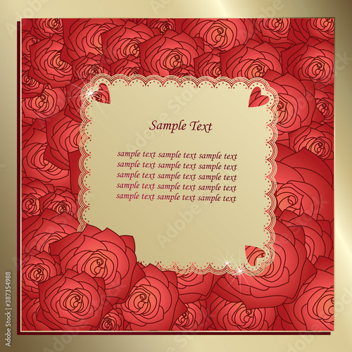 Valentine's Day card with red roses on gold background. Vector romantic template with copy space for your text. 