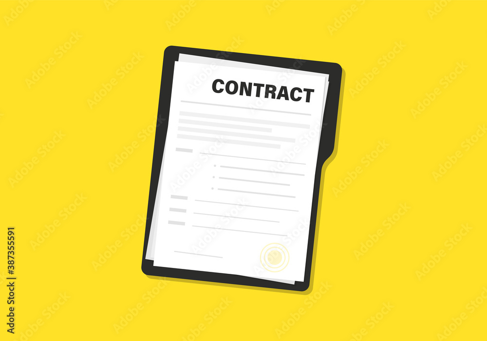 Contract papers. Document. Folder with stamp and text. Stack of agreements document papers with signature and approval stamp. Contract documents. Concept of business paperwork, flat illustration - obrazy, fototapety, plakaty 