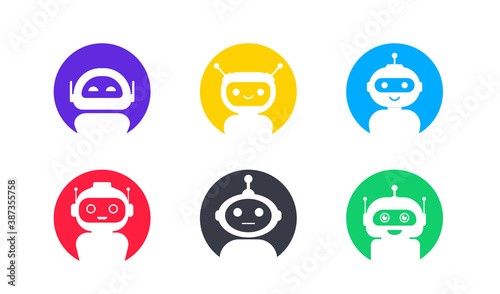 Set of Chat bot in flat style. Chat messenger icon. Support or service icon. Support service bot. Online consultation. Customer service, support, assistant. Chatbot or artificial intelligence network