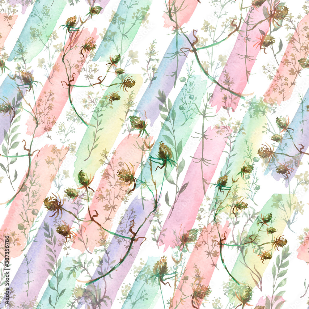 Watercolor seamless background floral pattern. grass and plant flowers, burdock, thistle, alga, wild herbs. Floral pattern, Illustration is made of hand-made in clipart graphics colors.
