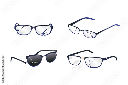 Broken glasses on white background, modern illustration set. Shards of diopter glasses, broken frame of sunglasses. Replacing old with new glasses.