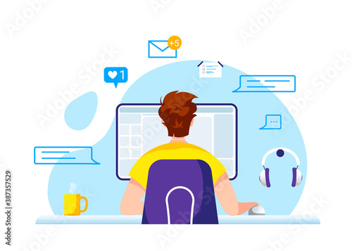 Man working with laptop at the table. Freelance, work at home, online job, office, workplace, e-learning concept. Isolated vector illustration for poster, banner, advertising.