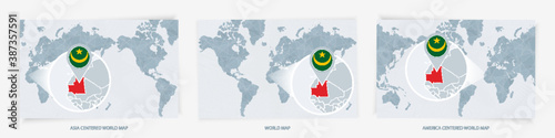 Three versions of the World Map with the enlarged map of Mauritania with flag.