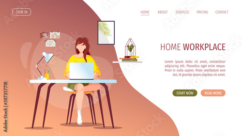Web page design with woman working or learning at home at the table. Freelance, work at home, online job, home office, e-learning concept. Vector illustration for poster, banner, website.