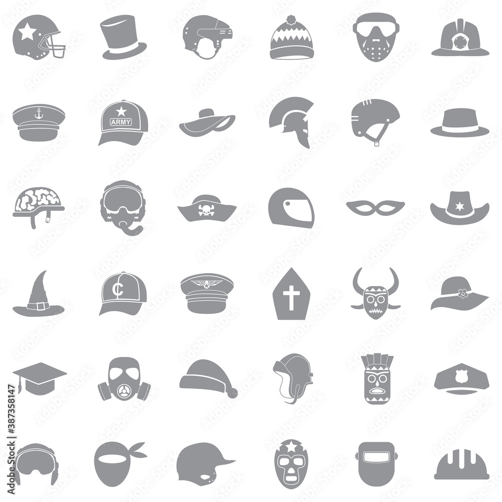 Hats And Masks Icons . Gray Flat Design. Vector Illustration. Hats And Masks Icons . Gray Flat Design. Vector Illustration.