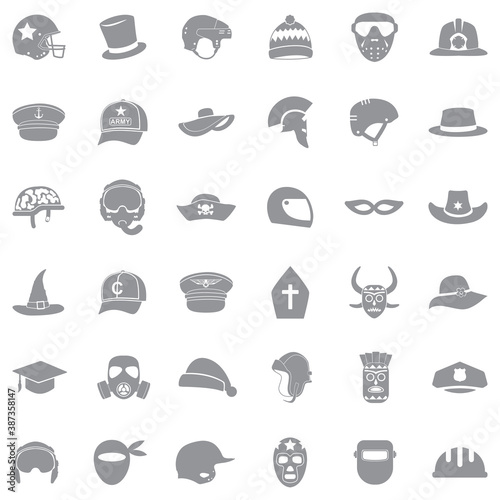 Hats And Masks Icons . Gray Flat Design. Vector Illustration.