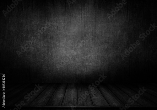 Wooden table on black wall in dark room background for product montage. 3d illustration.
