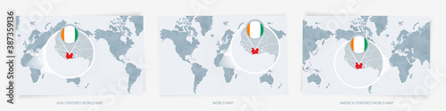 Three versions of the World Map with the enlarged map of Ivory Coast with flag.