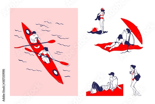 Summer, men and women on the beach, scenes from life - sports and rest, humorous romantic manner
