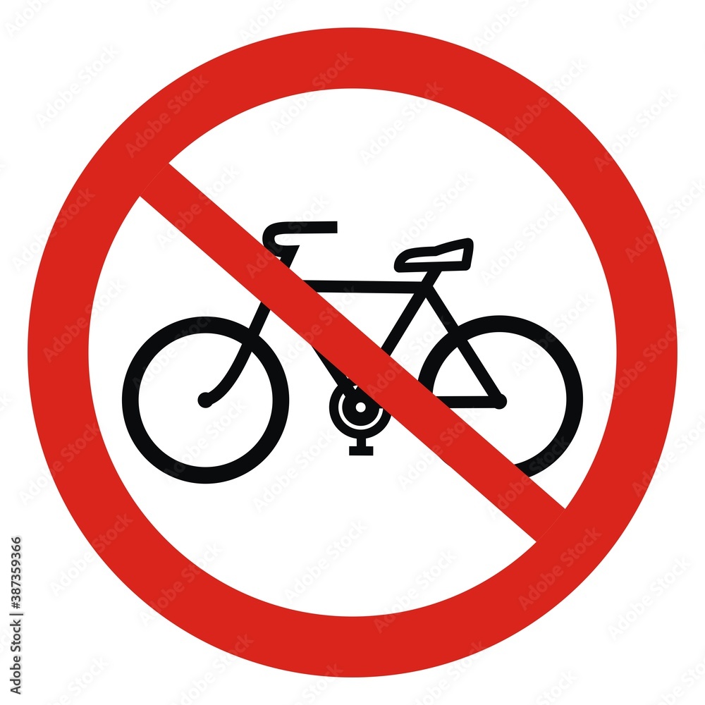 No entry to bicycles. Road sign, black silhouette of road bicycle at red circle frame, vector icon. No entry to bicycles. Road sign, black silhouette of road bicycle at red circle frame, vector icon.