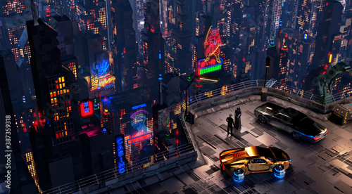 Futuristic Cyberpunk Night City Scene. 3D illustration