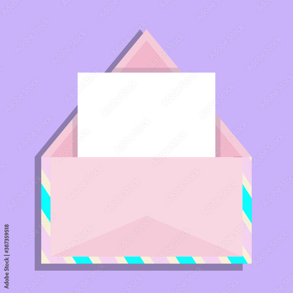 Envelope for Valentines Day, open with a piece of paper and stripes. Vector illustration in flat cartoon style.. Envelope for Valentines Day, open with a piece of paper and stripes. Vector illustration in flat cartoon style..