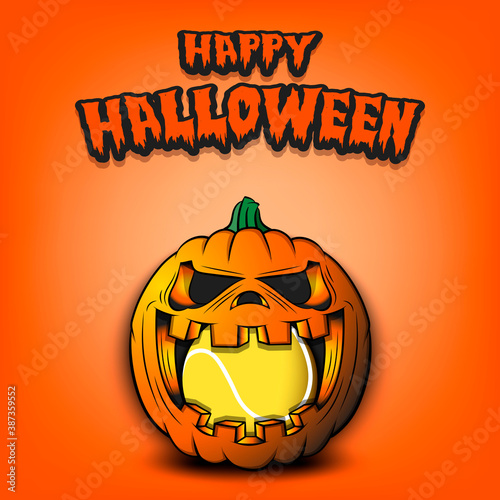 Happy Halloween. Tennis ball inside frightening pumpkin. The pumpkin swallowed the ball with burning eyes. Design template for banner, poster, greeting card, party invitation. Vector illustration