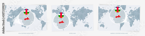 Three versions of the World Map with the enlarged map of Central African Republic with flag.