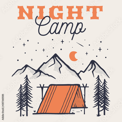 Night camping logo poster template, retro mountain adventure emblem design with mountains, tent. Unusual vintage art style sticker. Stock vector label