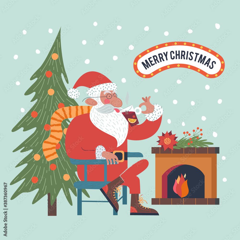 Fototapeta premium Christmas card with Santa drinking mulled wine. Vector christmas card.