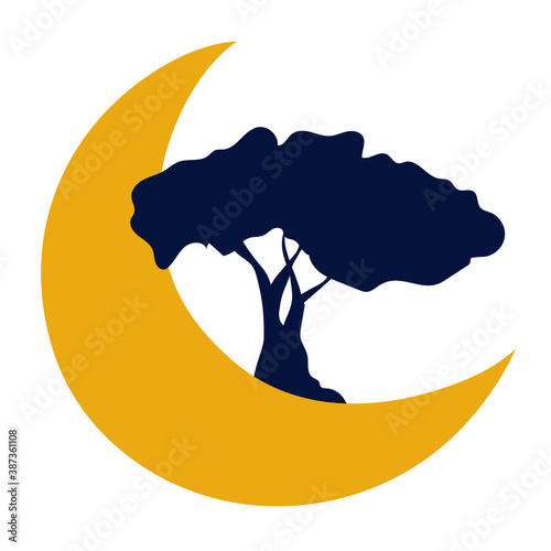 Pinea tree on the moon. Italian pine tree. Organic, natural, ecology. Print design with tree and half-moon. Nature. Design template, label. Good night, sleep