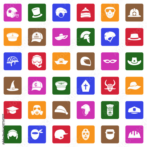 Hats And Masks Icons . White Flat Design In Square. Vector Illustration