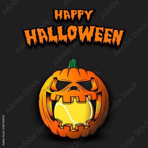 Happy Halloween. Tennis ball inside frightening pumpkin. The pumpkin swallowed the ball with burning eyes. Design template for banner, poster, greeting card, party invitation. Vector illustration