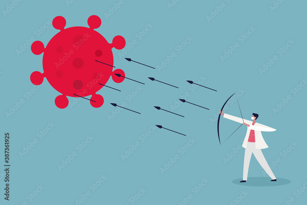 Illustration of a man firing multiple  arrows to the covid-19 virus