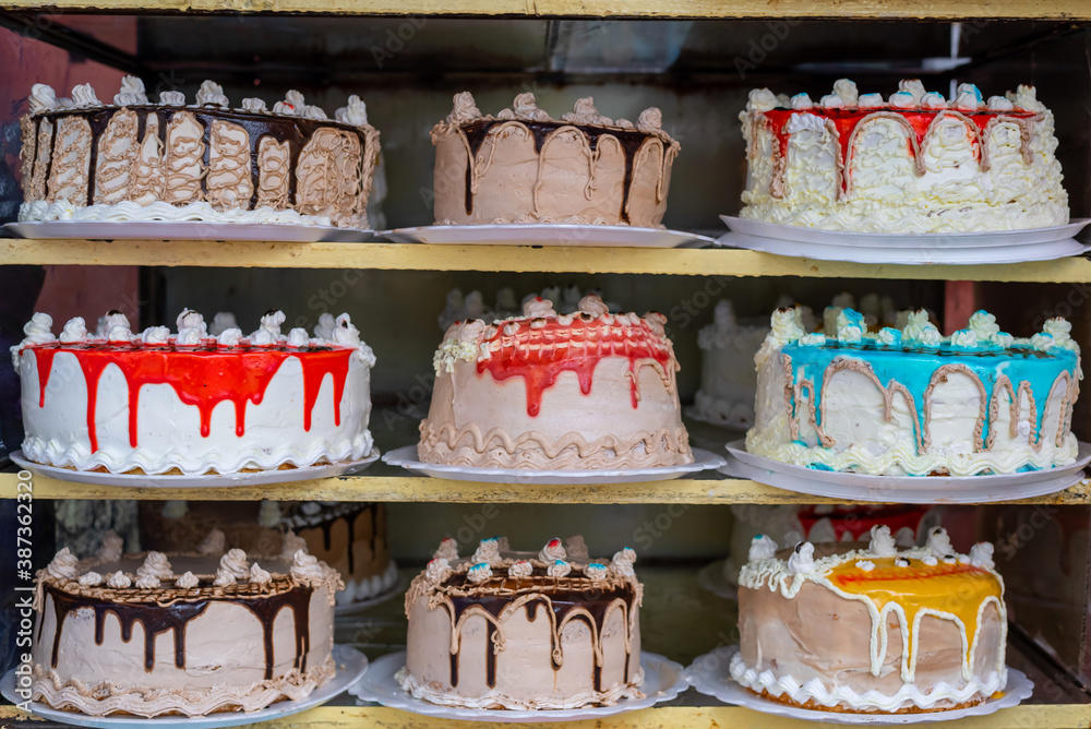 A Selection Of Cakes For Sale On Display at the market in Bolivia