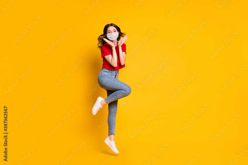 Full size photo of cheerful attractive girl jump wear respiratory sneakers isolated over vivid color background