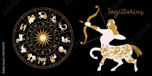 Zodiac sign Sagittarius. Horoscope and astrology. Full horoscope in the circle. Horoscope wheel zodiac with twelve signs vector.