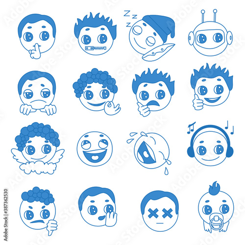 Set of emoticons that express different emotions, laughter, sadness, keep quiet, excellent, bad, robot, whispering in the ear, dead, yummy, angel, baby, sleeping and laughing, color vector clip art 