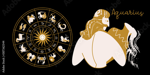 Zodiac sign Aquarius. Horoscope and astrology. Full horoscope in the circle. Horoscope wheel zodiac with twelve signs vector.
