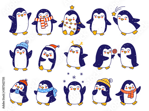 Set of cute little penguins isolated on white background - cartoon characters for funny Christmas and New Year holidays greeting card and poster design