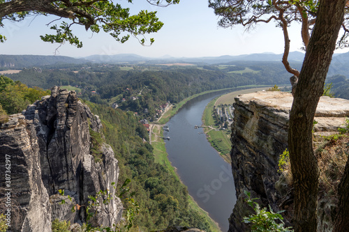 Beautiful view to river Elbe from Bastei rocks in Saxony Switzerland. Germany