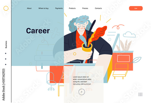 Business topics - office management, web header. Flat style modern outlined vector concept illustration. A woman, office manager, arranging office furniture, plants and computers. Business metaphor.