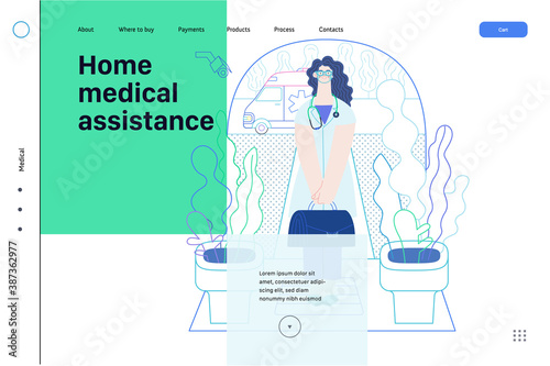 Medical insurance template -home medical assistance -modern flat vector concept digital illustration -nurse standing at the private residence entrance door Home medical service, part of insurance plan